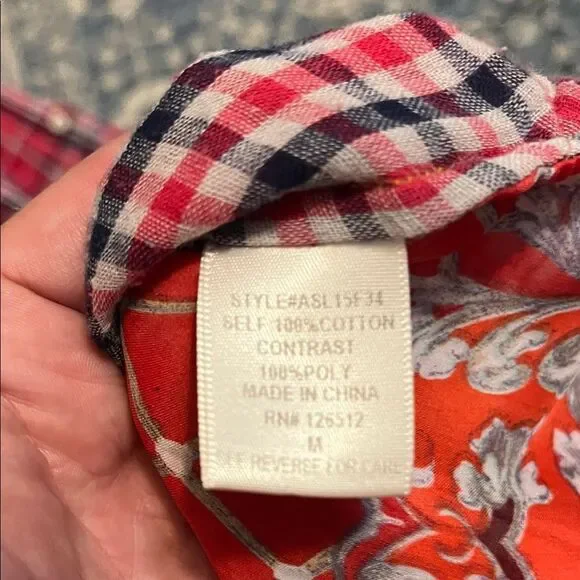 Aratta Silent Journey Red Plaid Floral Design Button-Up Mixed Media Shirt Boho - Picture 9 of 9